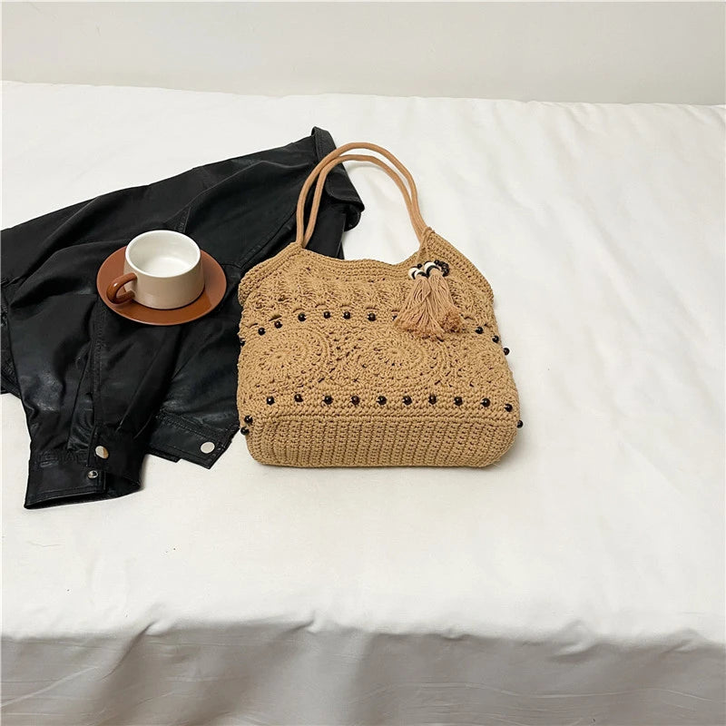 Sac à main tissé de grande capacité, sac à bandoulière ajouré, fourre-tout en Crochet, fourre-tout bohème tissé pour femmes, sacs de Shopping tricotés