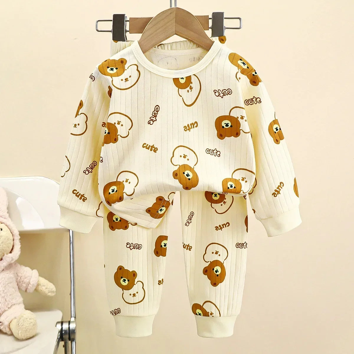 Pyjama chaud en pur coton pour enfants, garçons et filles, T-Shirt à manches longues + pantalon, dessin animé mignon, sous-vêtements d'automne pour bébés en bas âge