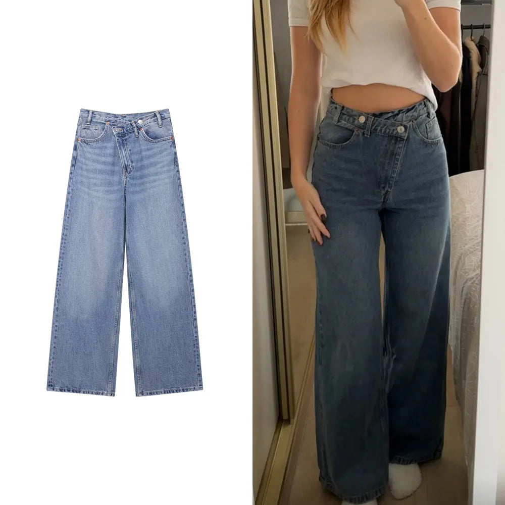 Jeans asymétriques à taille haute et à jambes larges pour femmes nouveaux modèles de base mode polyvalente pantalons droits pantalons