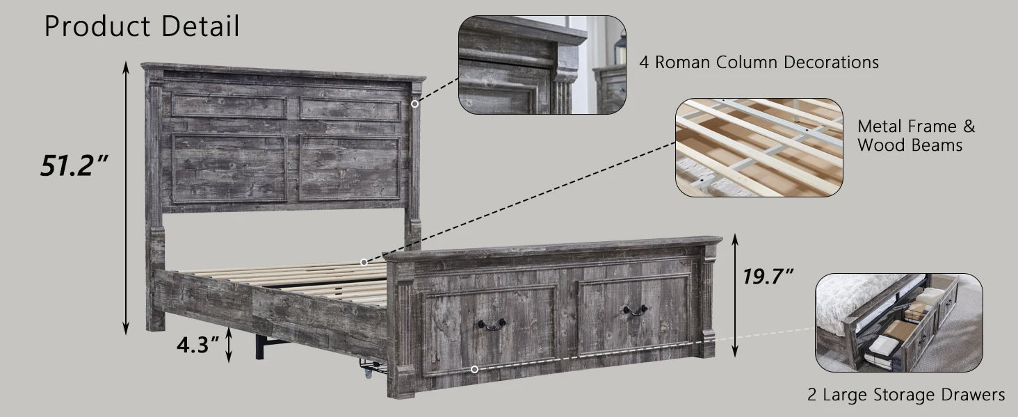 Cadre de lit queen size Farmhouse, avec tête de lit de 51 po de hauteur, cadre de lit en bois avec pied de lit de 20 po de hauteur et 2 grands tiroirs de rangement
