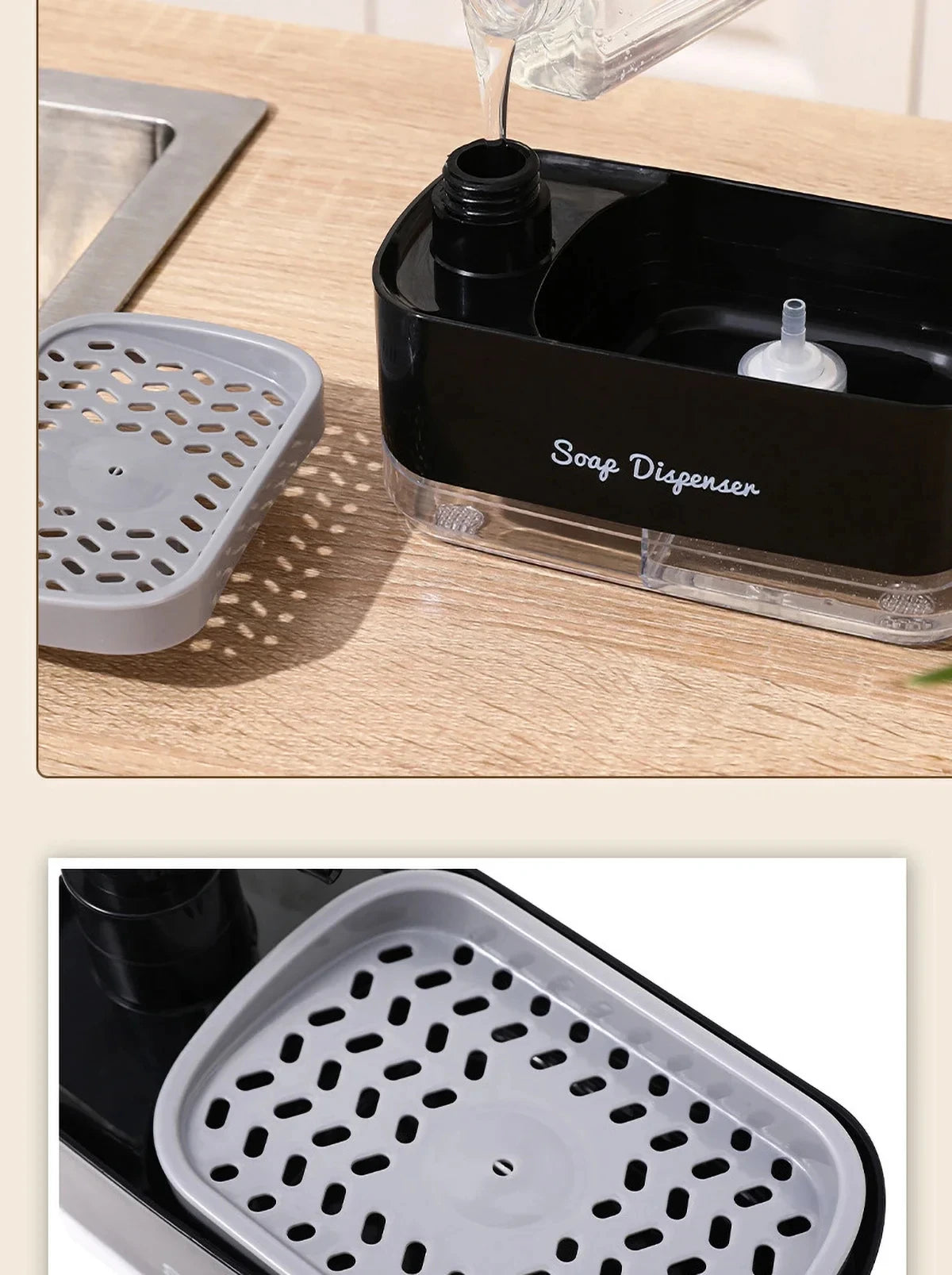 Ensemble distributeur de savon pour les mains et la vaisselle, distributeur de détergent, porte-éponge, pompe à savon de comptoir 2 en 1 pour évier de cuisine
