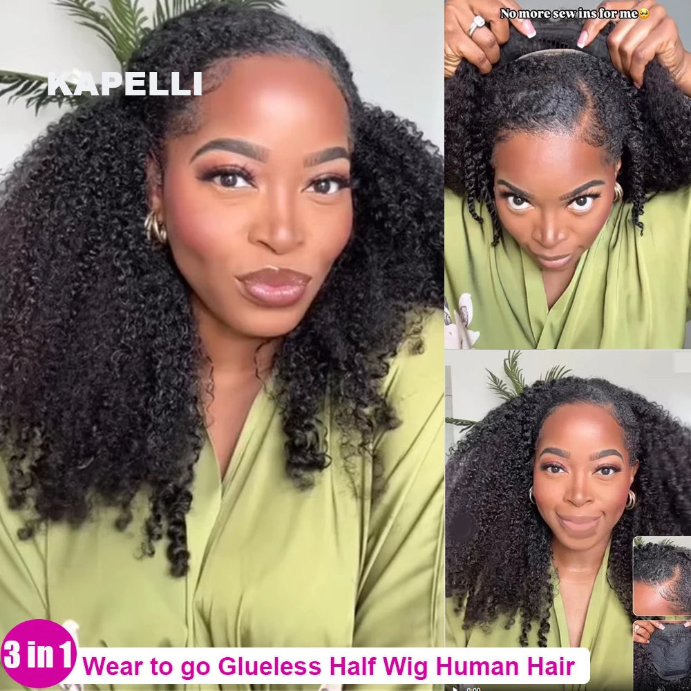 Demi-perruque cheveux humains crépus bouclés sans colle perruque cheveux humains prêt à porter 3 en 1 demi perruque avec cordon 250 densité bouclée demi-perruque