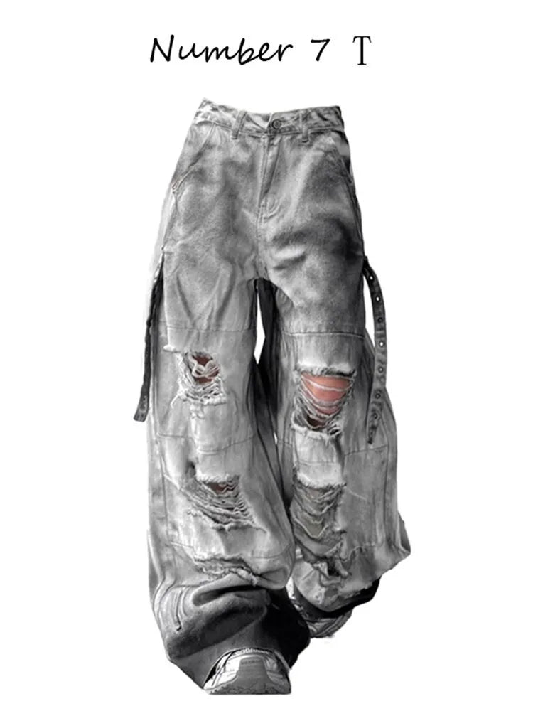 Femmes jean pantalon américain haute rue déchiré droit jambe large jean pour femmes conception cravate-teinture Jazz danse Cargo pleine mince jean