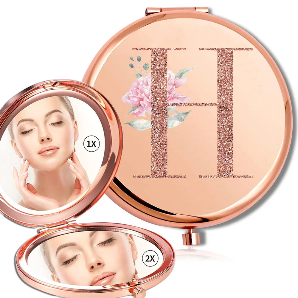 Miroir rond de maquillage grossissant Double face en métal, cosmétique, aspect Portable, verre, Compact, motif de lettres en or Rose