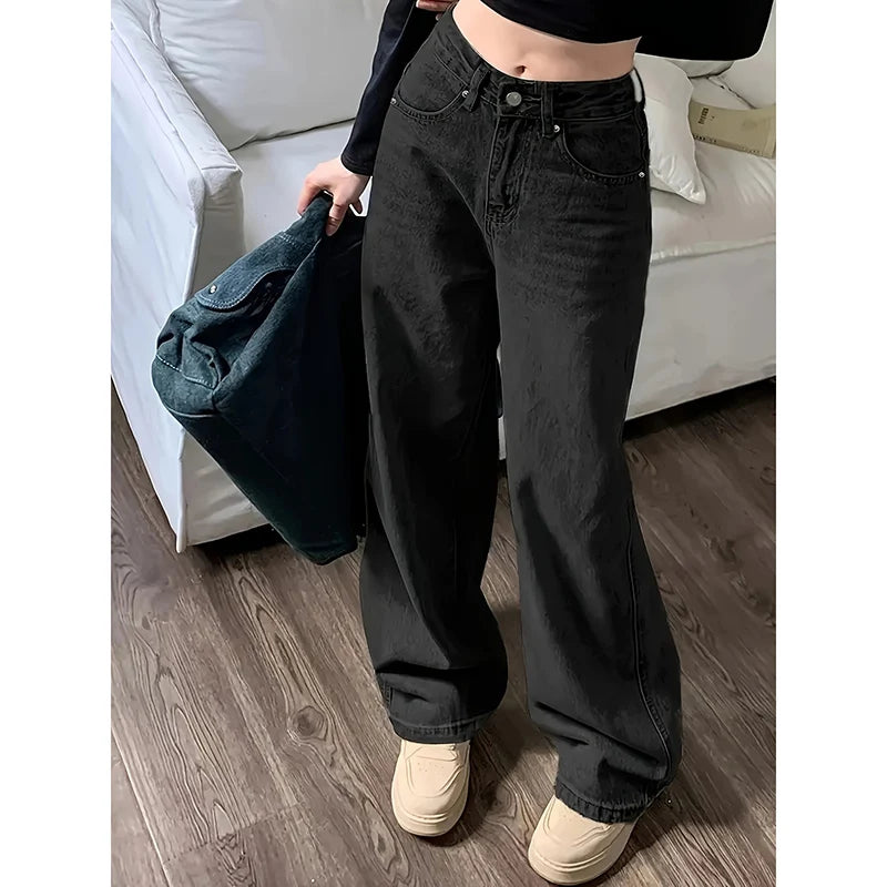 Jean taille haute pour femme, streetwear, designer, jambe large, gris classique, gothique, pantalon droit, mode