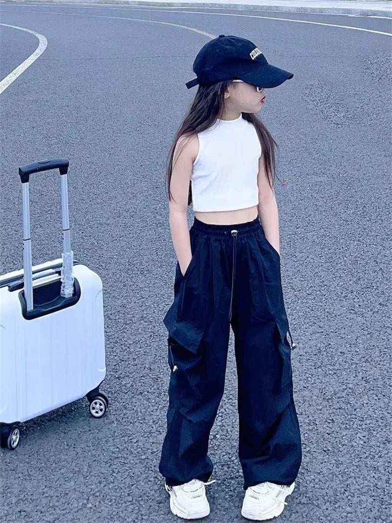 Pantalons Cargo pour filles de 5 à 14 ans, mode printemps, pantalons amples pour enfants, nouveau Style, pantalons à jambes larges, vêtements décontractés pour filles