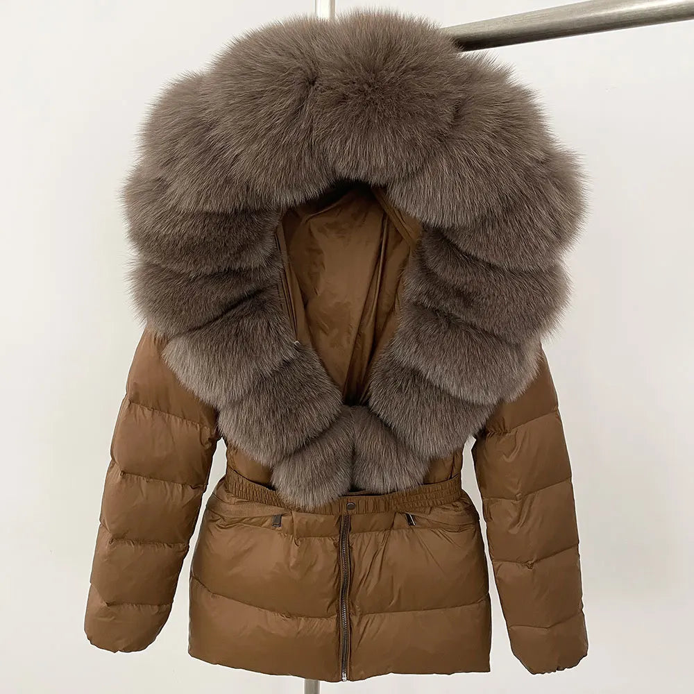OFTBUY 2024 veste d'hiver femmes naturel réel raton laveur col de fourrure de renard à capuche blanc canard vers le bas manteau ceinture épais chaud vêtements d'extérieur décontractés