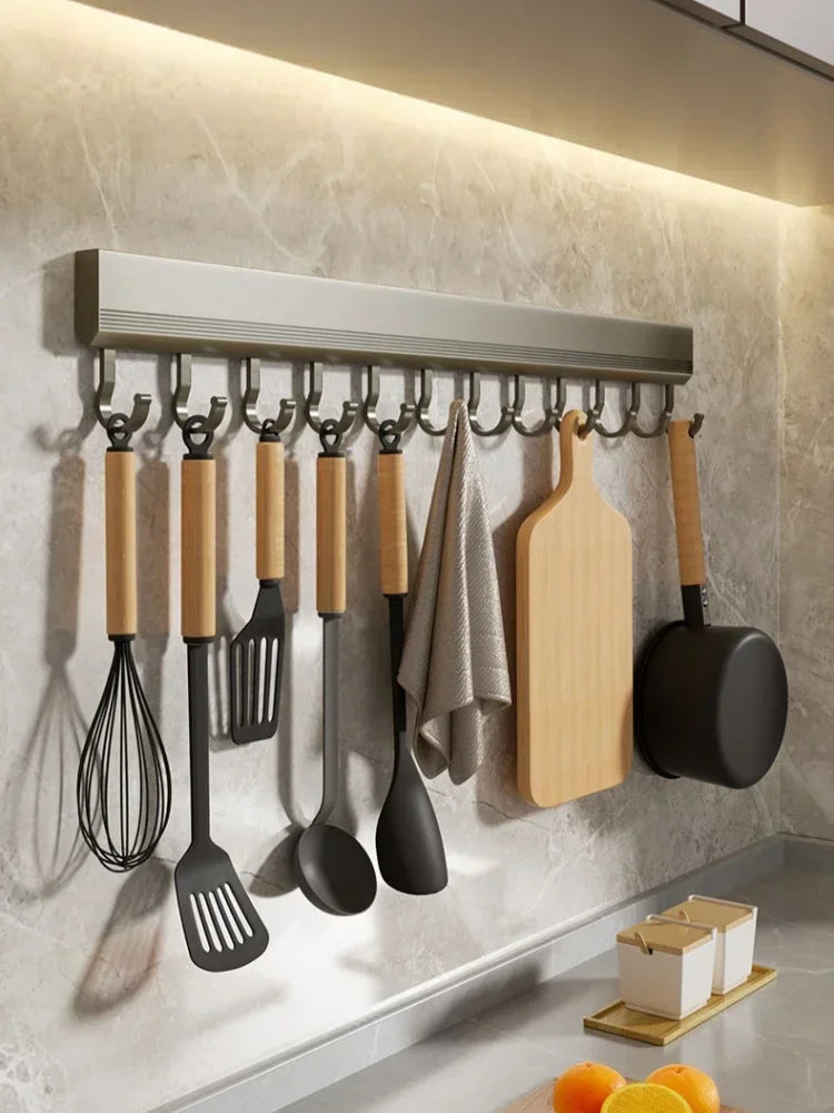 Crochet de cuisine mural, support de rangement de cuisine, support de crochet de rangée, étagères sans poinçonnage avec crochet mobile, ustensile de cuisine