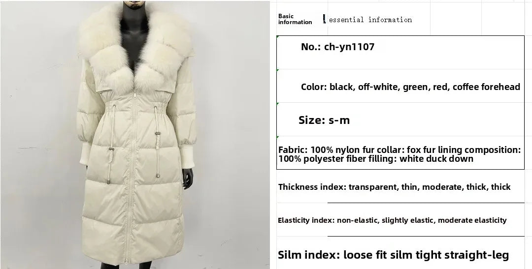 Doudoune longue avec col en fourrure pour femme, pardessus en fourrure de renard, longueur aux genoux, à la mode, chaude, cintrée à la taille, vêtements d'extérieur amincissants