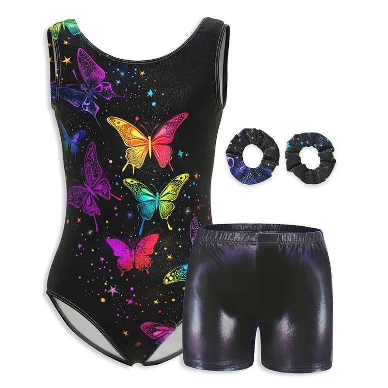 Justaucorps de gymnastique pour filles, vêtements de danse pour enfants avec short assorti, bandeau pour enfants