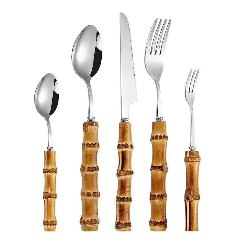Ensemble de Vaisselle en Bambou et Acier Inoxydable avec Poignée Naturelle, Couverts Rétro, Steak, Opaque, Fourchette, Cuillère, Cadeau de Dessert, 20/30 Pièces