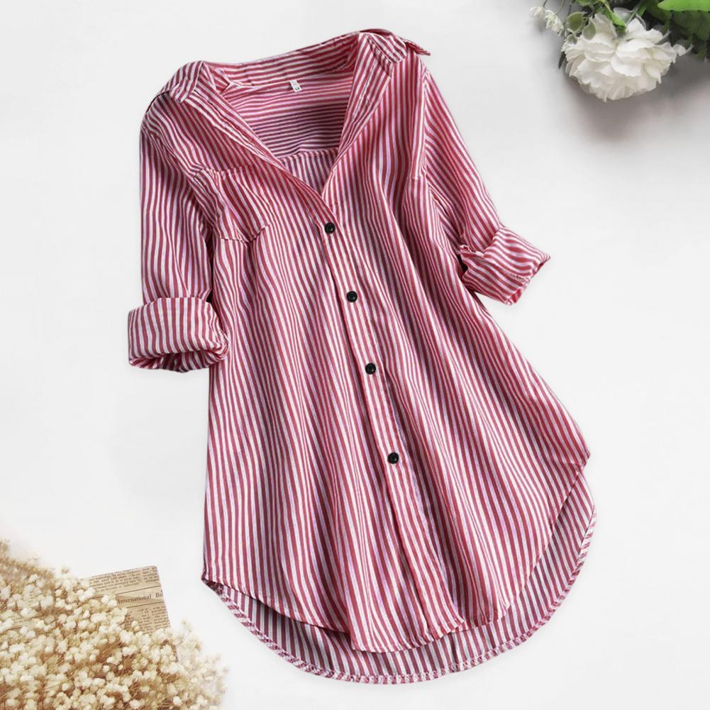 Chemisier Tunique Femme Rayé à Manches Longues Col V Mi-long Col Rabattu Coupe Ample Décontracté Élégant Été Tailles M-4XL