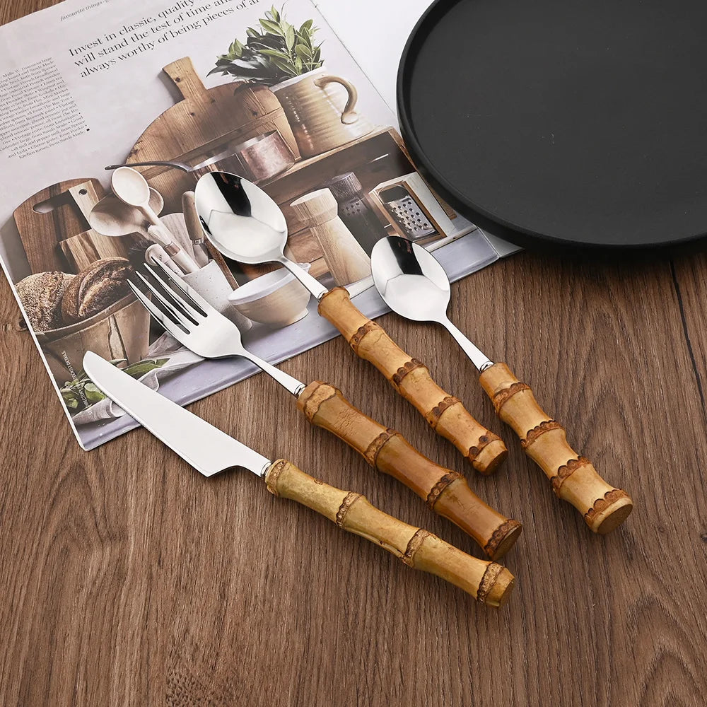 Couverts en acier inoxydable avec manche en bambou naturel, 24 pièces, service de table, couteau à steak