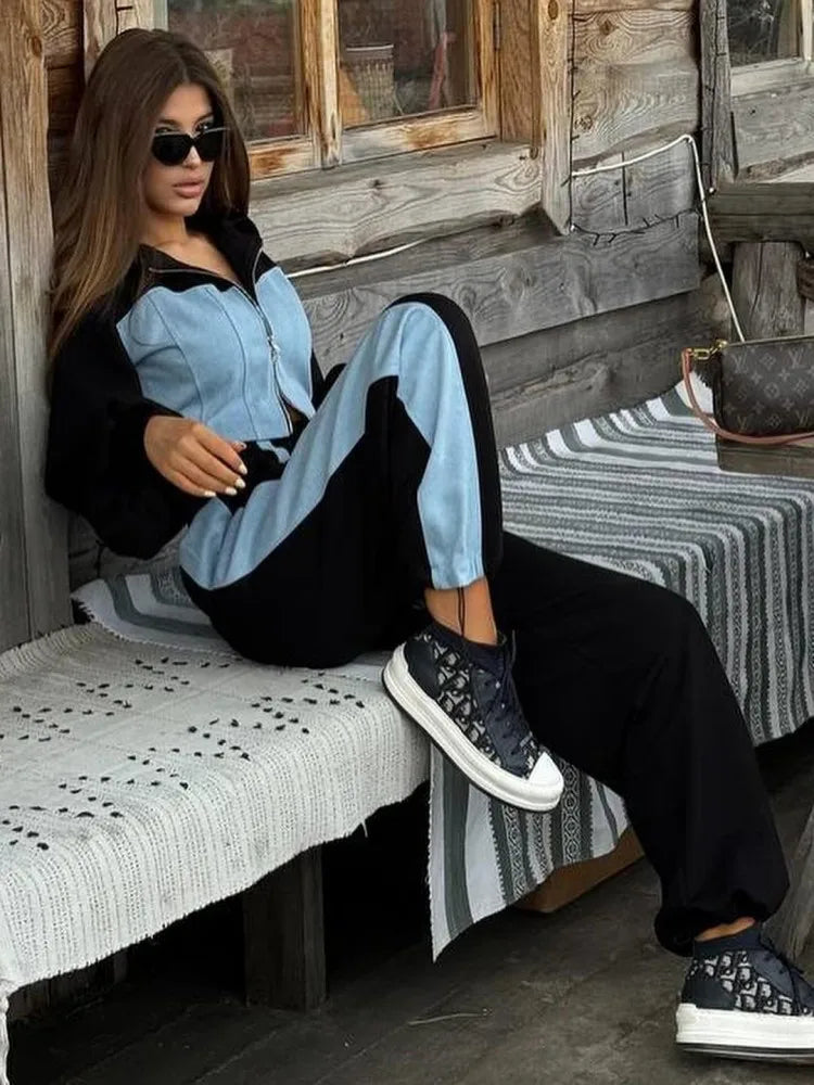 Mode Patchwork Denim 2 pièces ensembles femmes tenue mince sweats à capuche haut court jambe large pantalons de survêtement costume Streetwear survêtements de sport