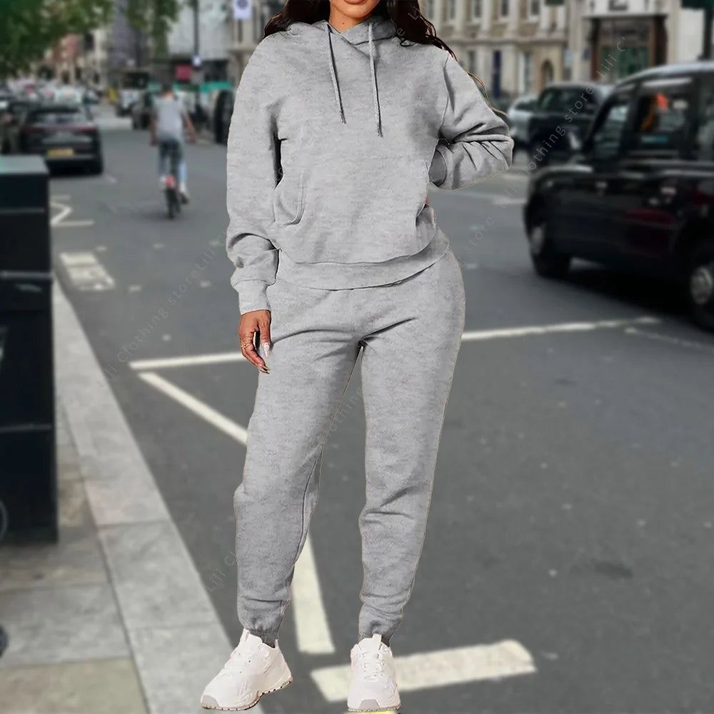 Ensemble deux pièces à capuche et pantalon pour femme, basique, vierge, automne-hiver, sweat-shirt surdimensionné, coupe ample, survêtement féminin