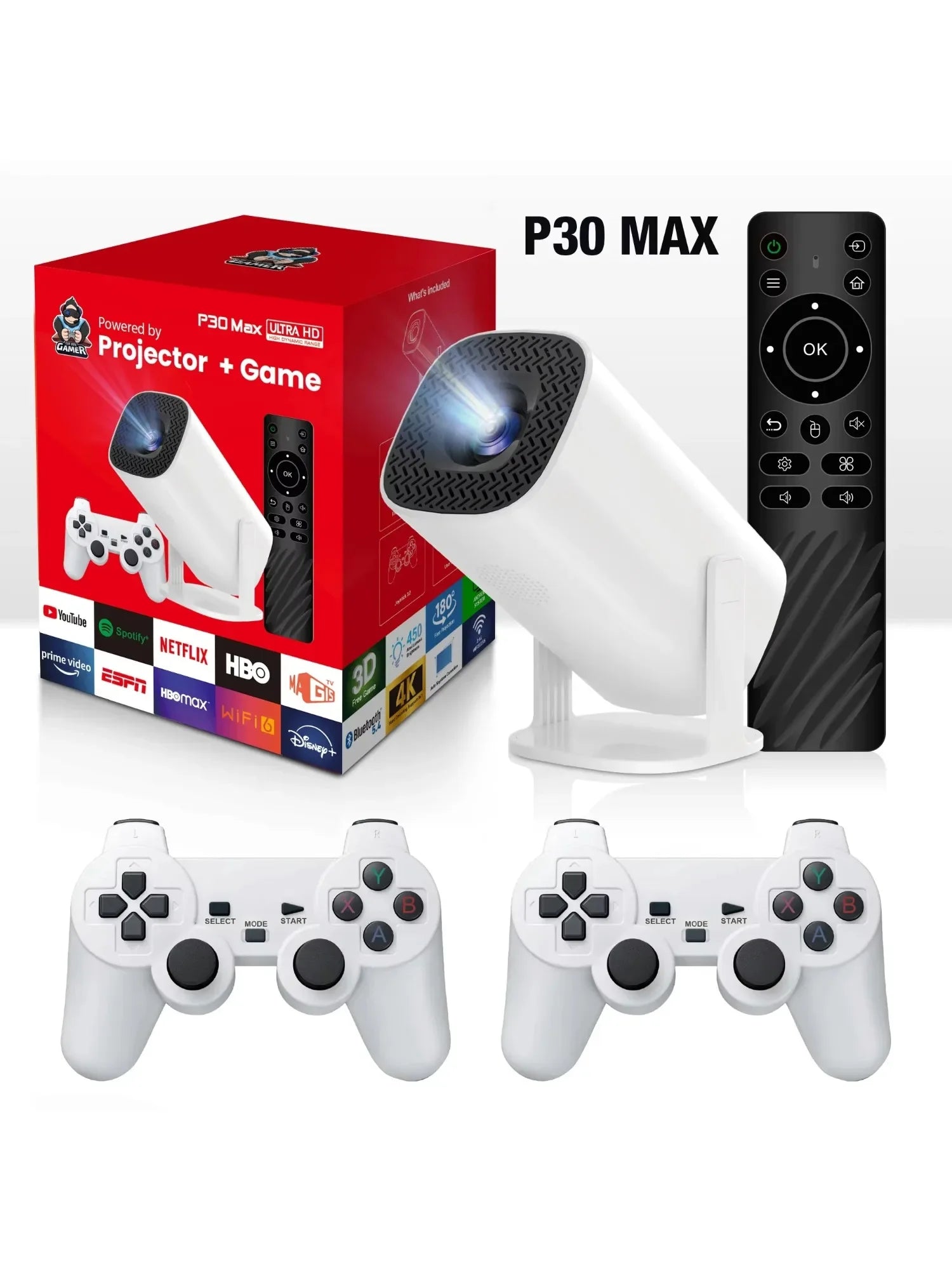Projecteur de jeu 3D P30MAX, Console de jeu vidéo rétro, contrôleur sans fil 4K ULTRA HD, plug and play, Android11 BT5.0, cinéma maison 720P