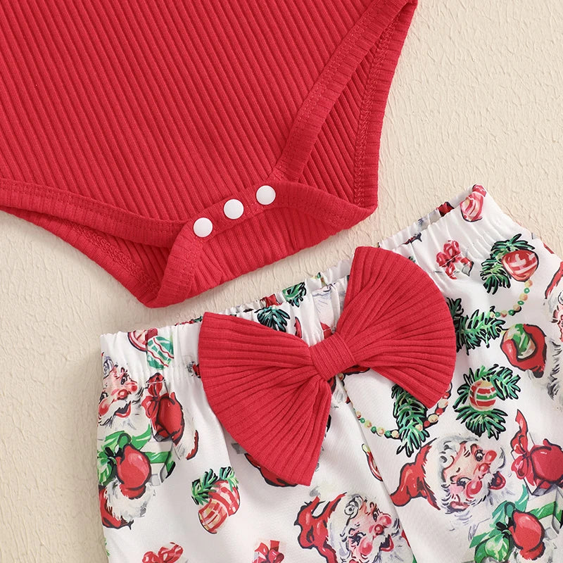 Ensemble pantalon de noël pour bébés filles, barboteuse côtelée à manches longues, imprimé père noël oiseau, pantalon évasé, bandeau