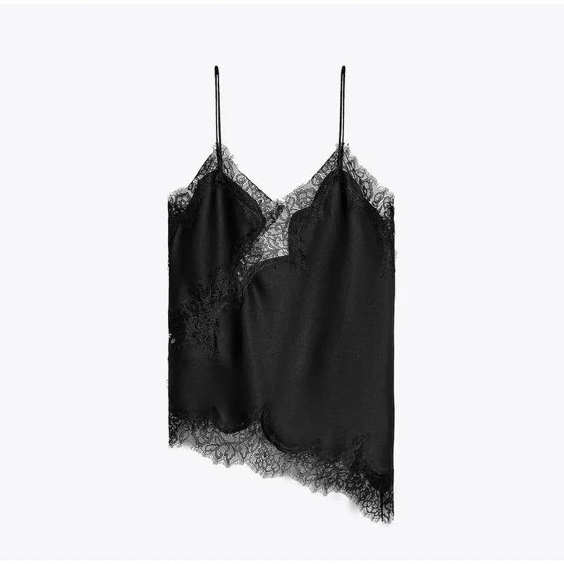 Été femmes haut à licou Satin dentelle épissé réservoir dos nu col profond Sexy gilet ourlet irrégulier robes 2025 dame vacances Sexy hauts