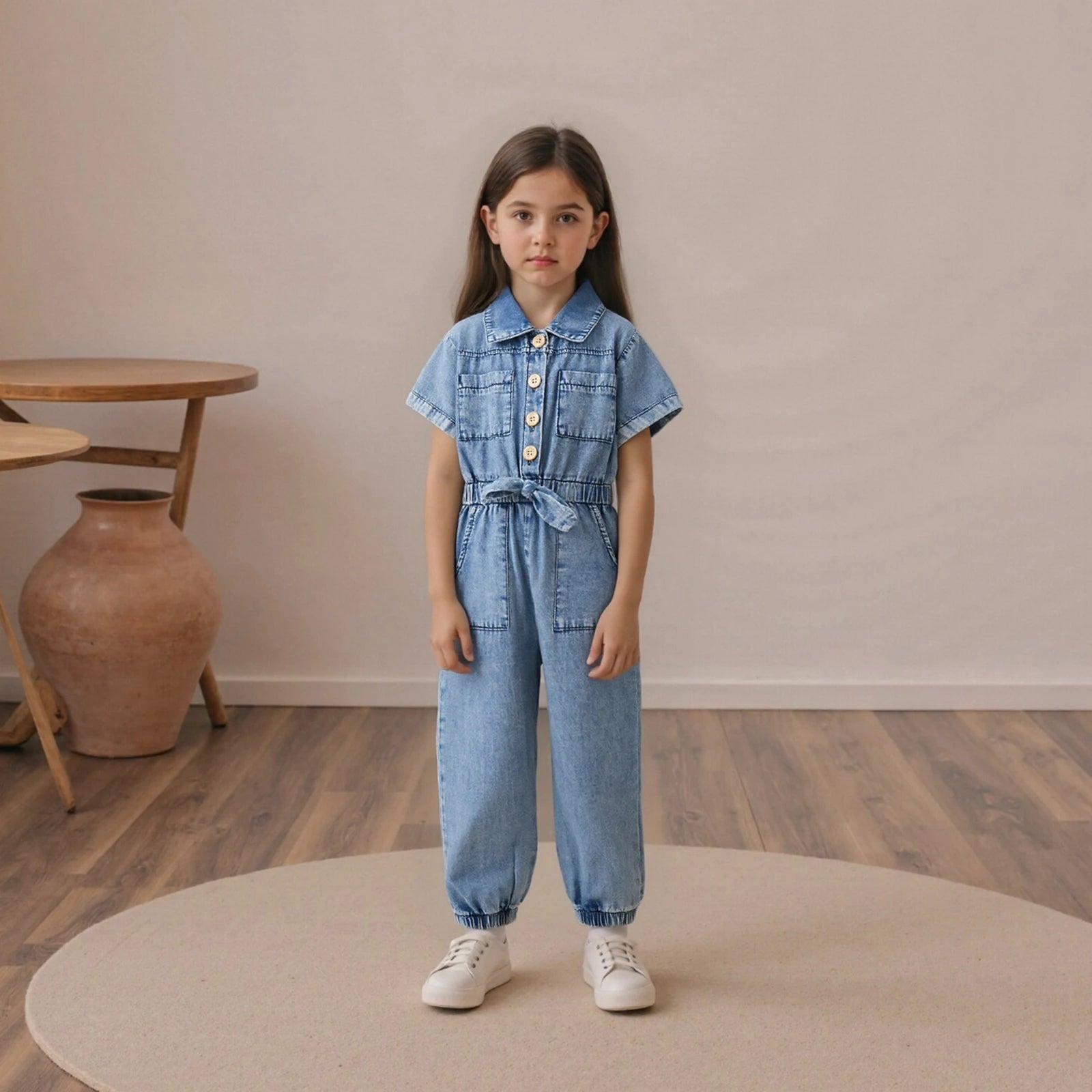 Barboteuse en jean pour petites filles, manches courtes, revers boutonné, combinaison pleine longueur avec poches