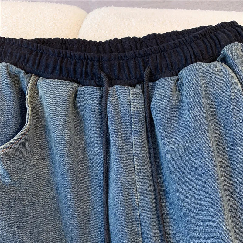 Ensemble pantalon en Denim, col montant, Patchwork, manteaux de rue, hauts à jambes larges, jean gothique droit, Vintage, ensemble deux pièces Simple