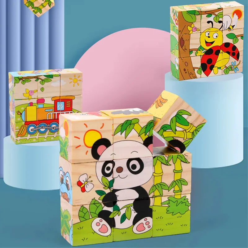 Puzzle en bois peint sur Six côtés, blocs de construction d'animaux de la circulation tridimensionnels, jouets d'éducation précoce Montessori TMZ