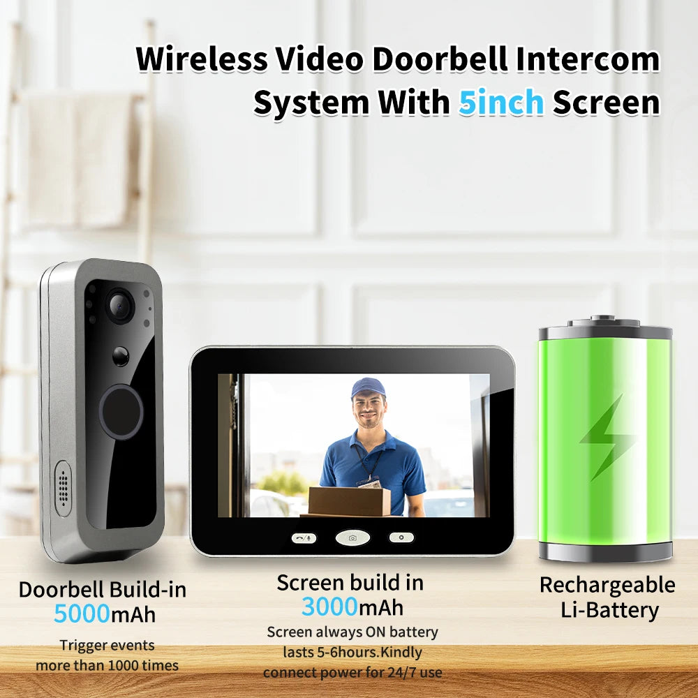 Tuya Smart Life 1080P WiFi vidéo sonnette batterie 100% système d'interphone de porte sans fil PIR caméra extérieure 5 pouces écran de moniteur