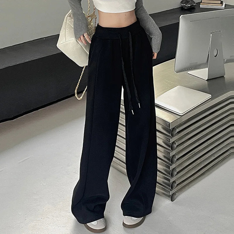 Pantalon de sport élastique pour femmes, basique, blanc, gris, noir, jambes larges, droit, polyvalent, taille haute, survêtement