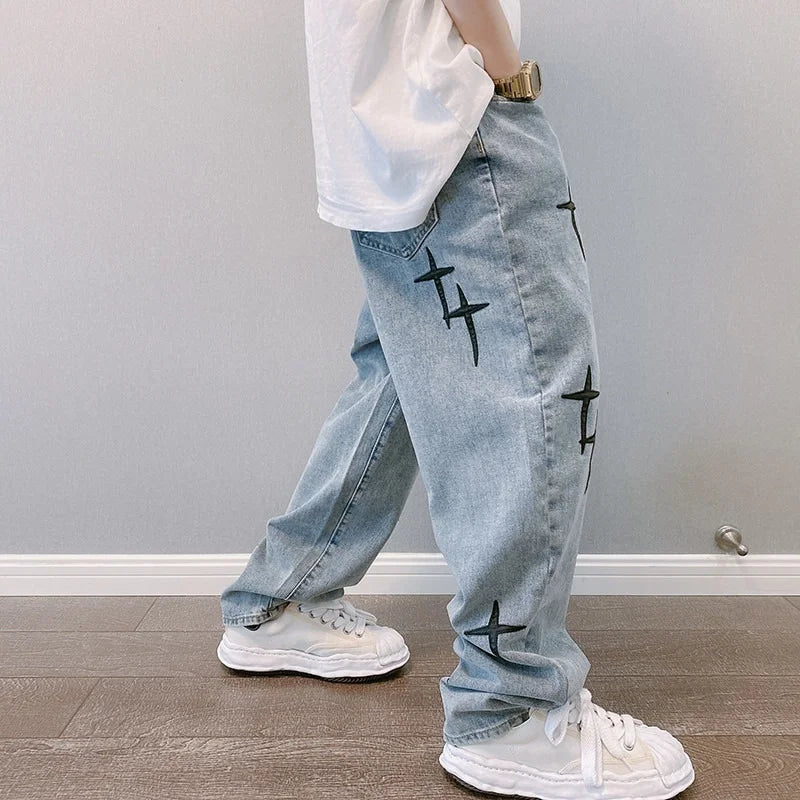 Men's printed jeans, streetwear, baggy, wide leg, Korean fashion, draped, straight, casual, loose fit, cargo pants, new 2023 collection