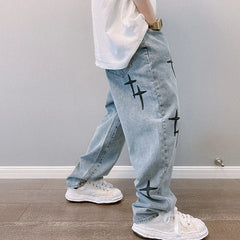 Men's printed jeans, streetwear, baggy, wide leg, Korean fashion, draped, straight, casual, loose fit, cargo pants, new 2023 collection