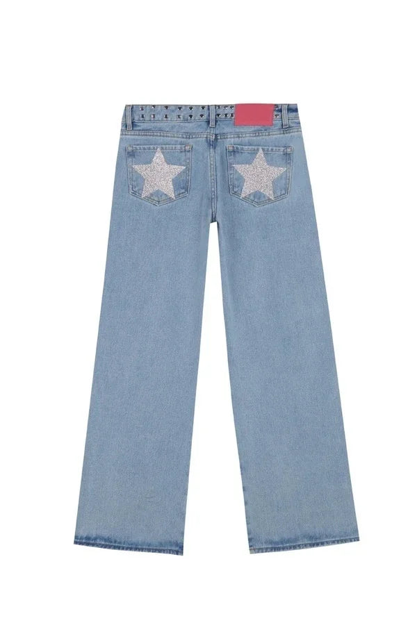 Y2K Vintage jean Flash argent étoile motif métal Rivet jean femme Baggy décontracté jambe droite Denim pantalon Simple femmes vêtements
