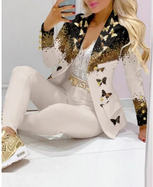 Women's Casual Striped Printed Suit, Office Lady Coat and Pant Set, Elegant Fashion Long Sleeve Top, Trousers, Two Piece Set, Female Outfit, 2023