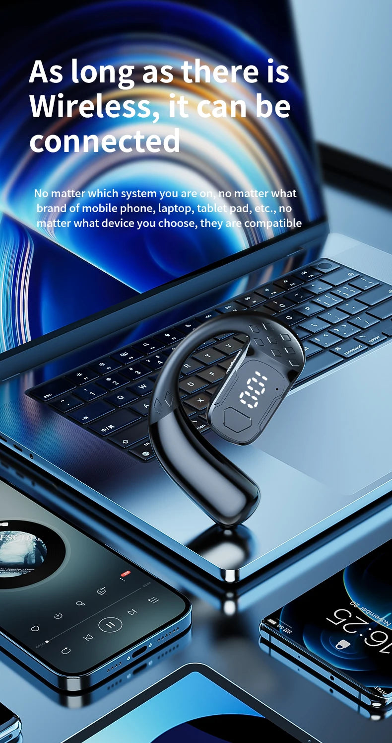 Sans fil Bluetooth 5.4 ouvert 180 °   casque à conduction d'air rotatif avec affichage de la batterie LED sur les deux oreilles et un écouteurs avec microphone