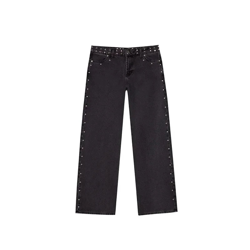 Y2K Vintage jean Flash argent étoile motif métal Rivet jean femme Baggy décontracté jambe droite Denim pantalon Simple femmes vêtements