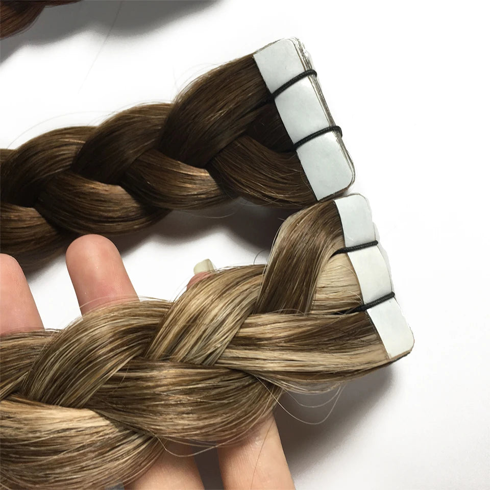 Bande dans les Extensions de cheveux humains droits Extensions adhésives de cheveux brésiliens trame de peau noir brun 100% vrais cheveux humains pour les femmes