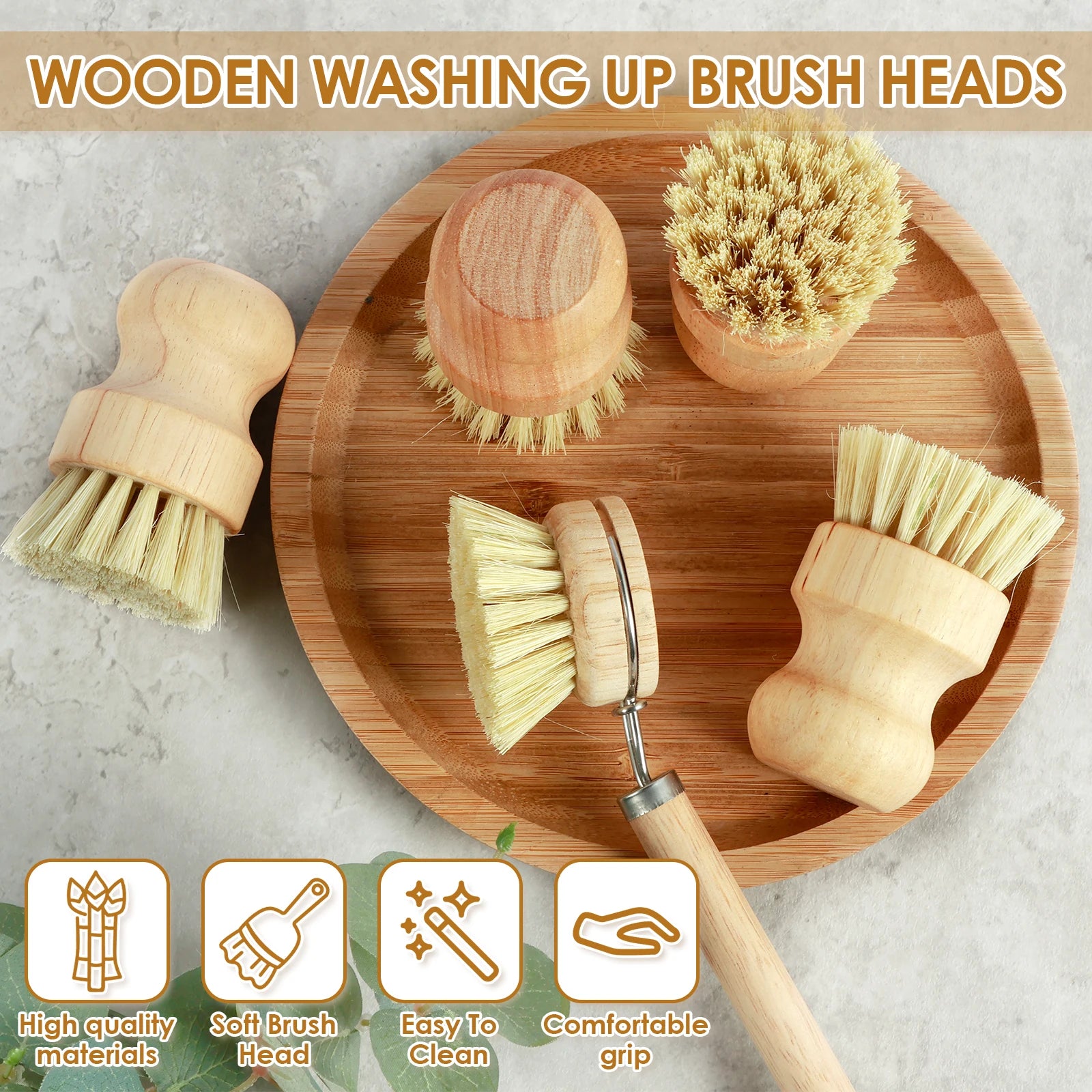 Brosses à vaisselle en bambou remplaçables, épurateurs de nettoyage en bois de cuisine, outil de nettoyage ménager, 4/5 pièces