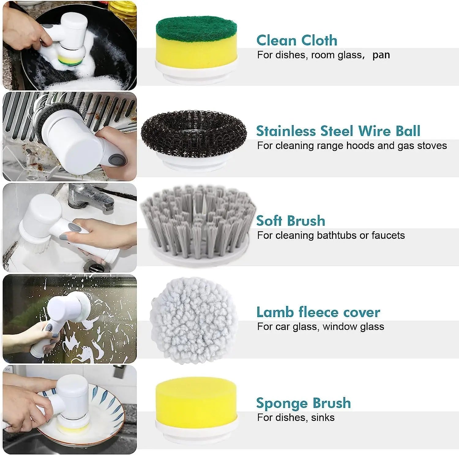 Épurateur électrique à rotation pour le nettoyage de la salle de bain et de la cuisine! Avec 5 têtes de brosse de nettoyage électriques idéales pour baignoire, évier de fenêtre de carrelage