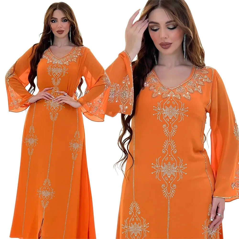 Eid Jalabiya - Women's Muslim Evening Dress, Diamond Lace-Up Arabic Abayas, Long Dresses, Elegant Dress, Educational Dress for Ramadan