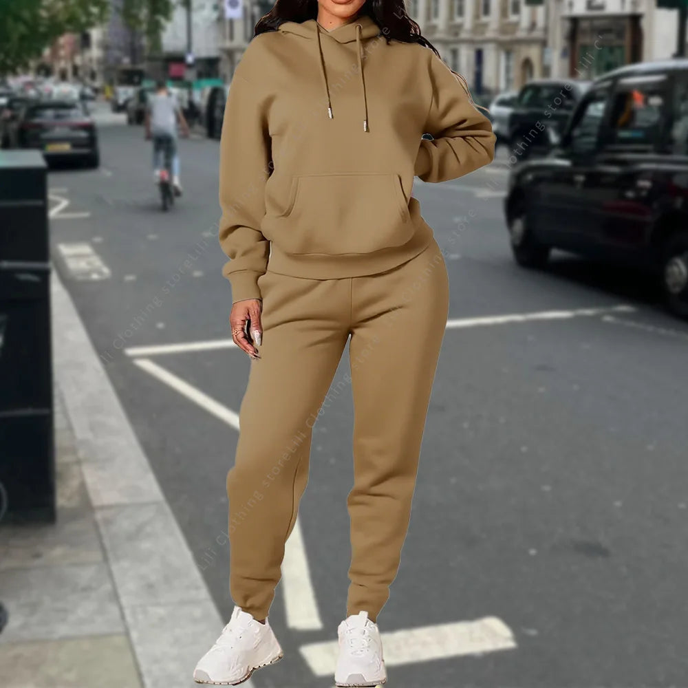Ensemble deux pièces à capuche et pantalon pour femme, basique, vierge, automne-hiver, sweat-shirt surdimensionné, coupe ample, survêtement féminin