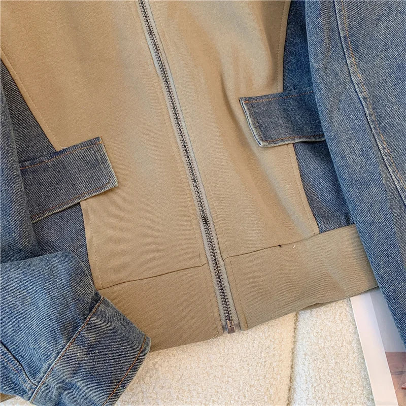 Ensemble pantalon en Denim, col montant, Patchwork, manteaux de rue, hauts à jambes larges, jean gothique droit, Vintage, ensemble deux pièces Simple