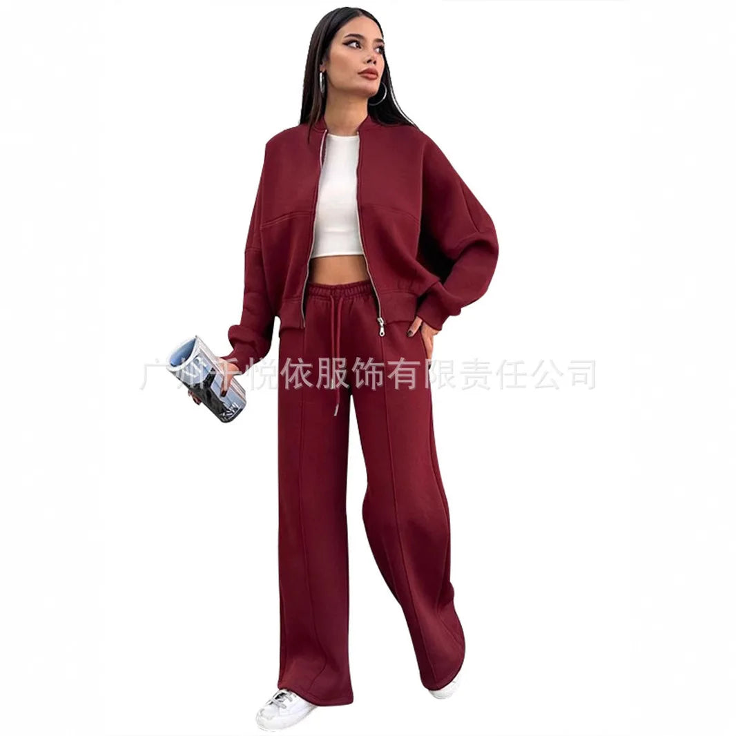 Women's two-piece casual set, solid color, sweatshirt, long sleeves, zip-up coat, long pants, pockets, elegant, autumn/winter 2025