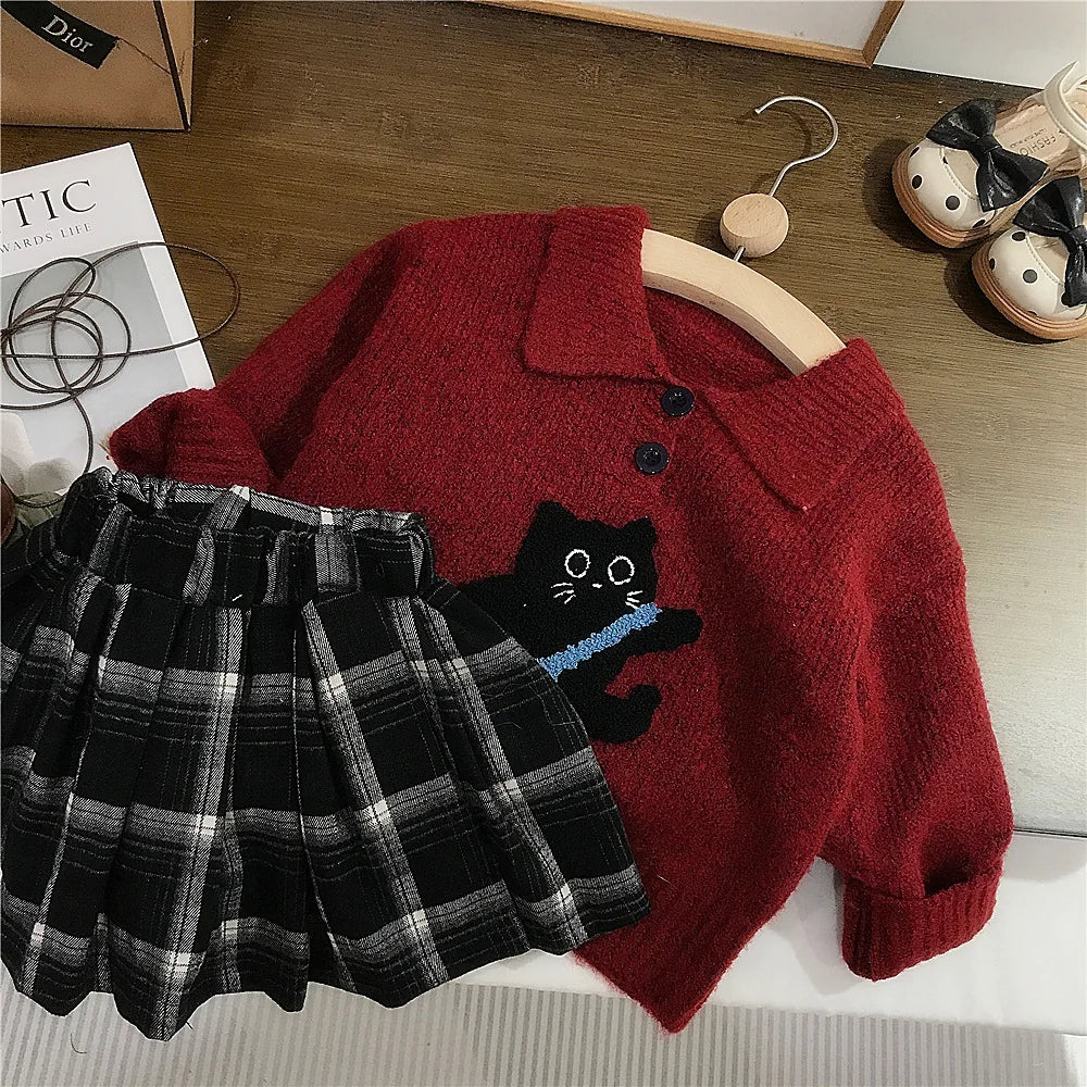 Automne hiver enfants vêtements coton chat Jacquard col rabattu enfant fille pull costumes ample Plaid enfant en bas âge bébé fille jupes