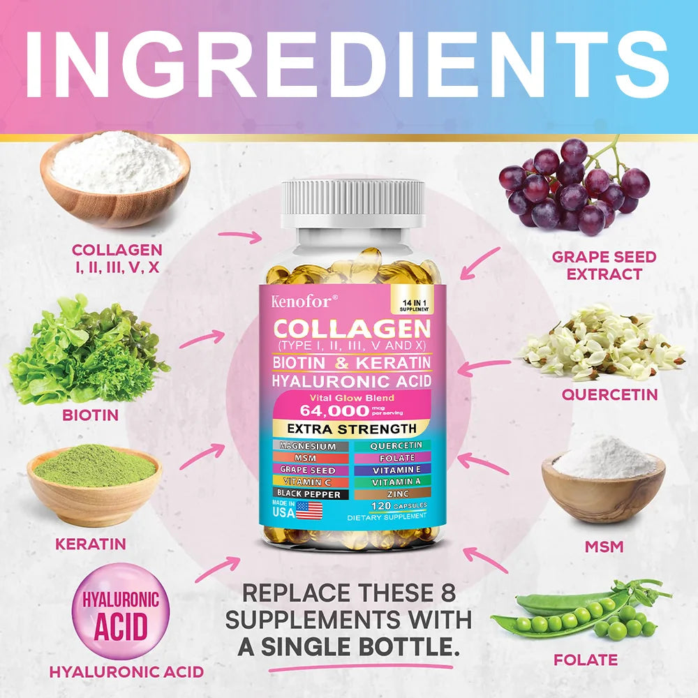 Kenofor collagène 1000 mg avec biotine 10,000 mcg, kératine acide hyaluronique vitamine C formule saine complément alimentaire sans gluten