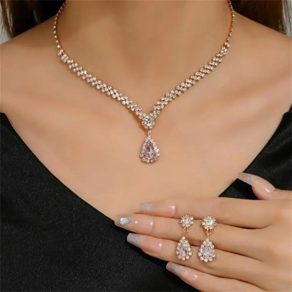 Ensemble de Bijoux Élégants en Forme de Goutte d'Eau pour Femme, Pendentif en Strass, Collier, Boucles d'Oreilles, pour Robe de Mariée, Patients, 2 Pièces/Ensemble