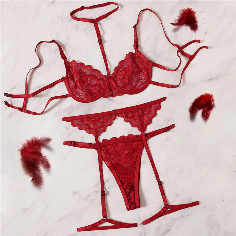 Ensembles de Lingerie érotique pour femmes, jarretelles en dentelle, soutien-gorge et culotte transparents, Costumes Porno féminins, col licou en V profond, ensemble de sous-vêtements Sexy