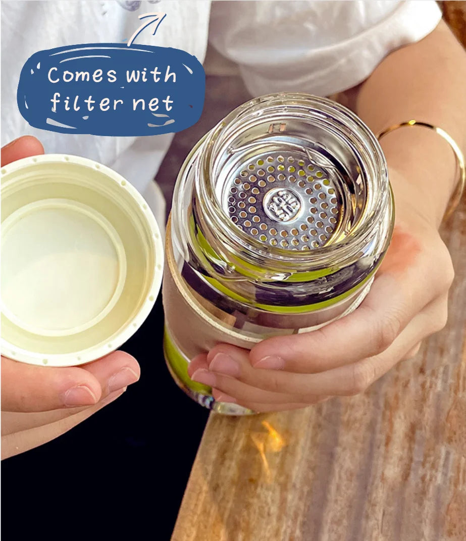 Bouteille en verre Portable de 340ML et 480ML, mignonne, résistante à la chaleur, pour boire de l'eau froide, du jus de thé, avec couvercle à vis, filet filtrant facile à transporter