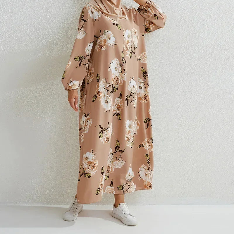Women's Pop Eid Muslim Abaya Ramadan Moroccan Arabic Pockets Long Floral Dress Dubai Caftan Islamic Abayas Zippers Casual Dresses