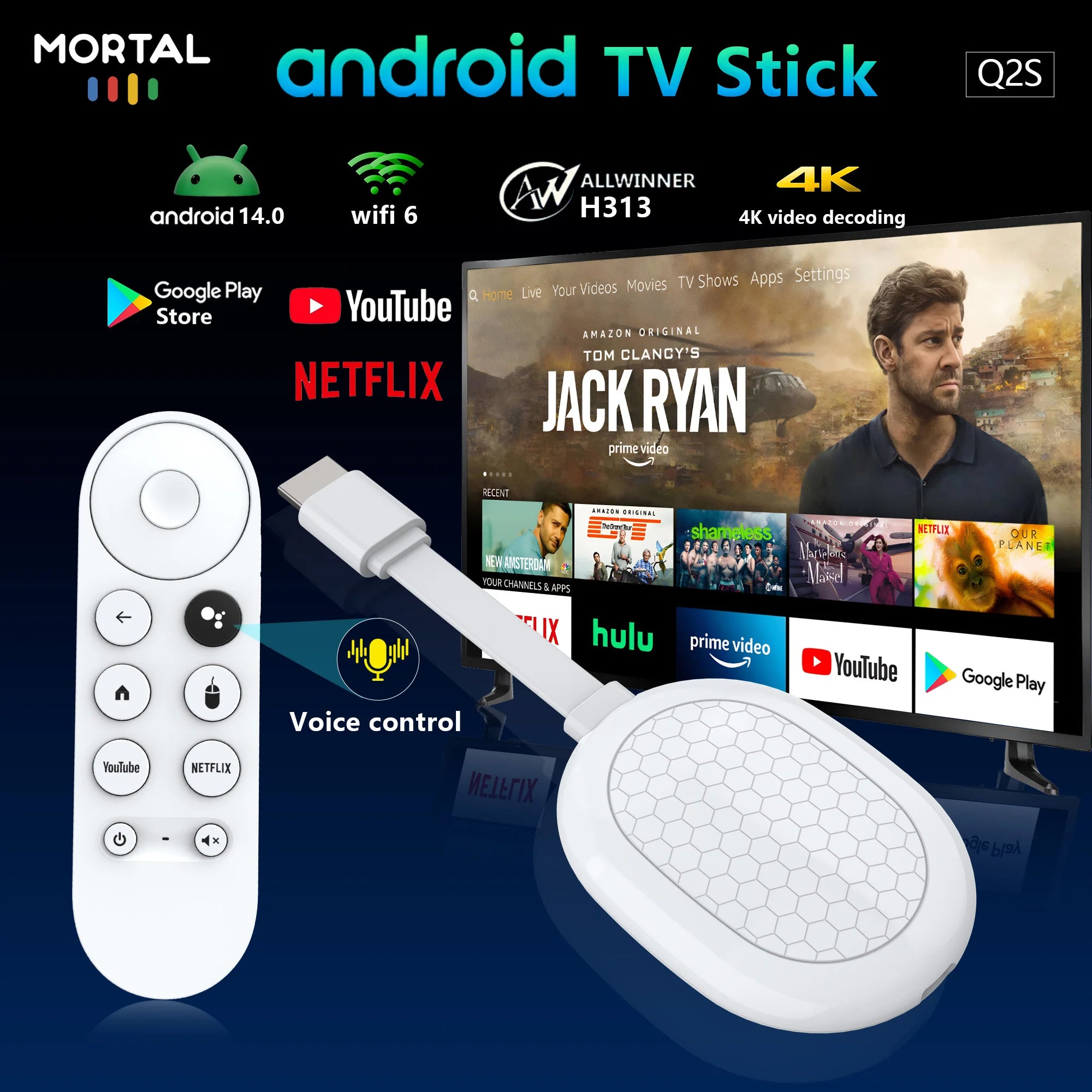 Clé TV intelligente Android 14 Allwinner H313 Mortal Q2S Chromecast Télécommande vocale WiFi 6 4K à 60 ips WiFi 6 Bluetooth 2 Go 8 Go 16 Go Streaming