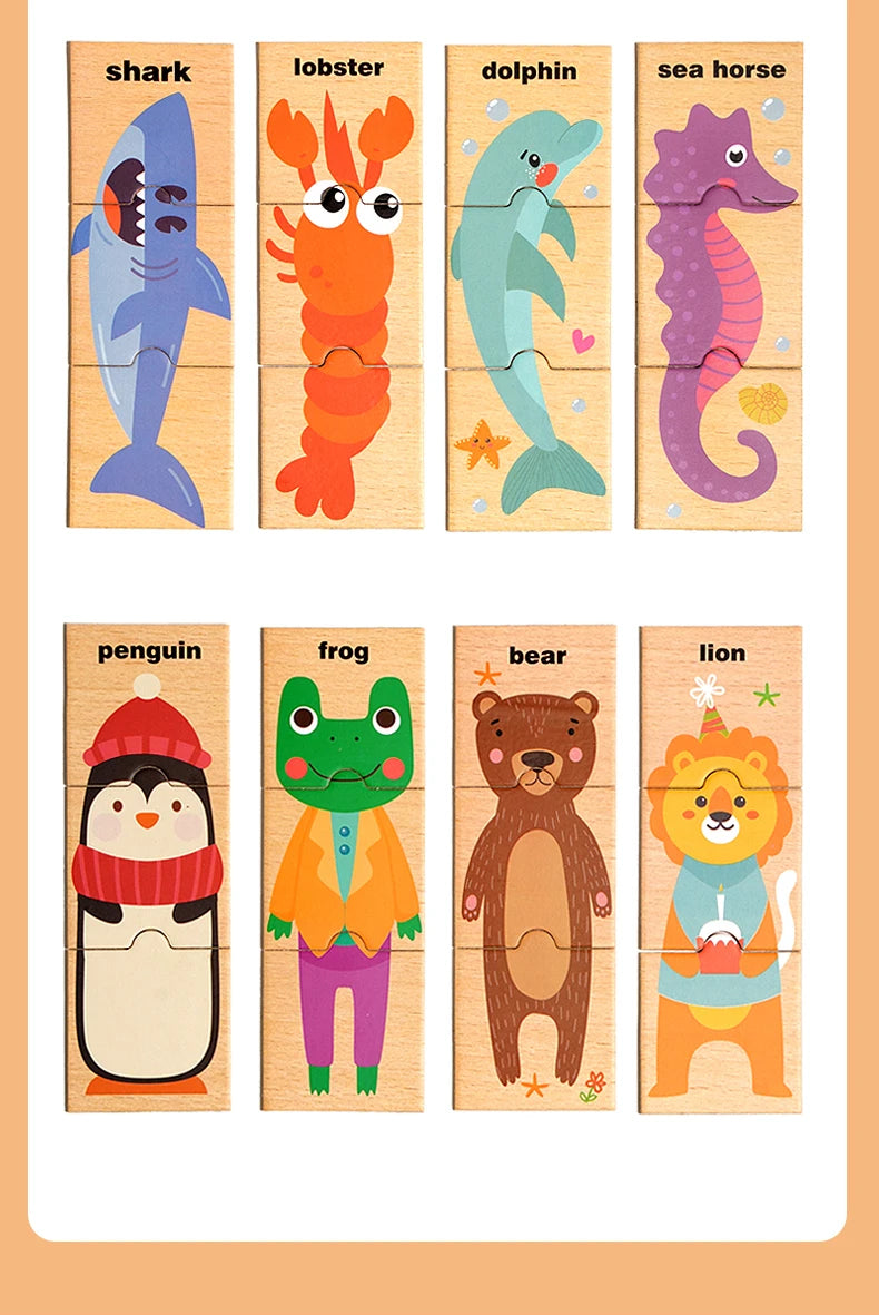 Puzzle assorti en forme d'animal de dessin animé pour enfants, planche de puzzle de cognition de mots anglais pour l'éducation précoce des bébés, jouet en bois