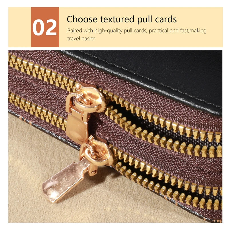 Mini faux leather wallet with double zipper, compact classic pouch, multiple card slots, matching pocket, RFID protection, chic 