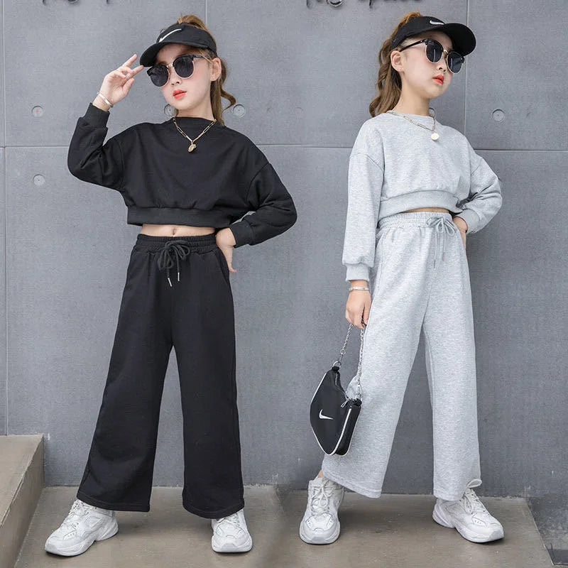 Girls' solid color outfit set, long-sleeved cropped sweater and pants, 2 pieces, new spring-autumn fashion, casual suit for children aged 4 to 12 years